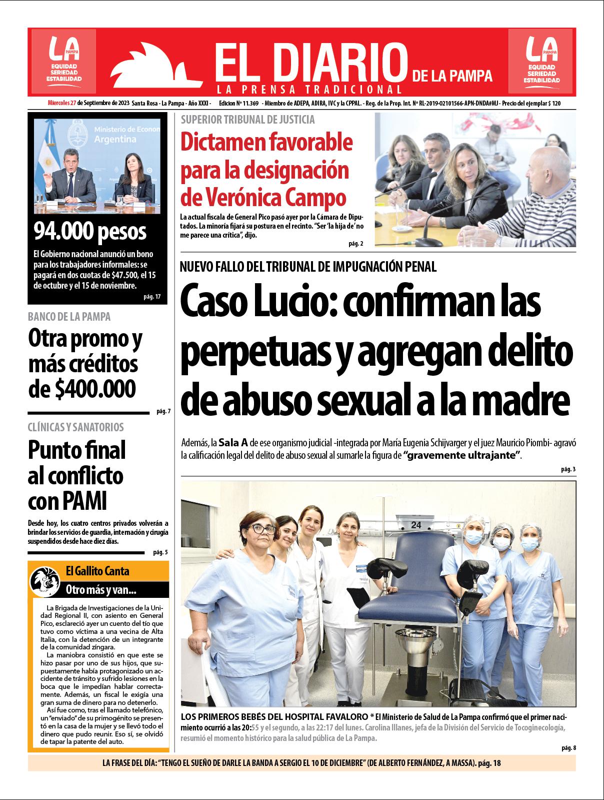 Tapa de El Diario en papel  mieacutercoles 27 de septiembre de 2023
